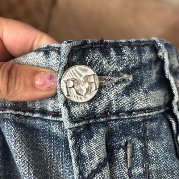 Rock Revival Fermin Jeans Mens 34x31 Blue Denin Distressed Leather Patch Stitch - Picture 12 of 16